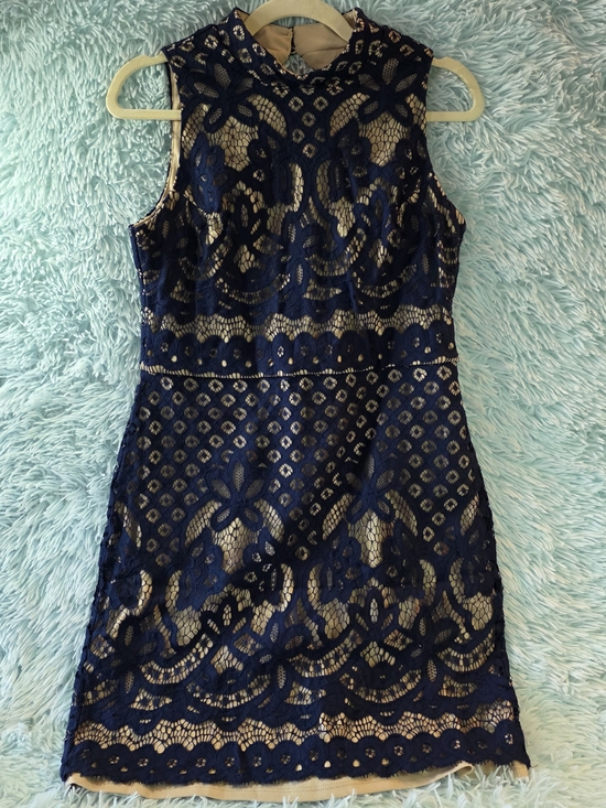 AUW Dresses & Skirts - AUW Navy Blue Lace Mini Dress Size 10 Nude Lining Wedding Guest